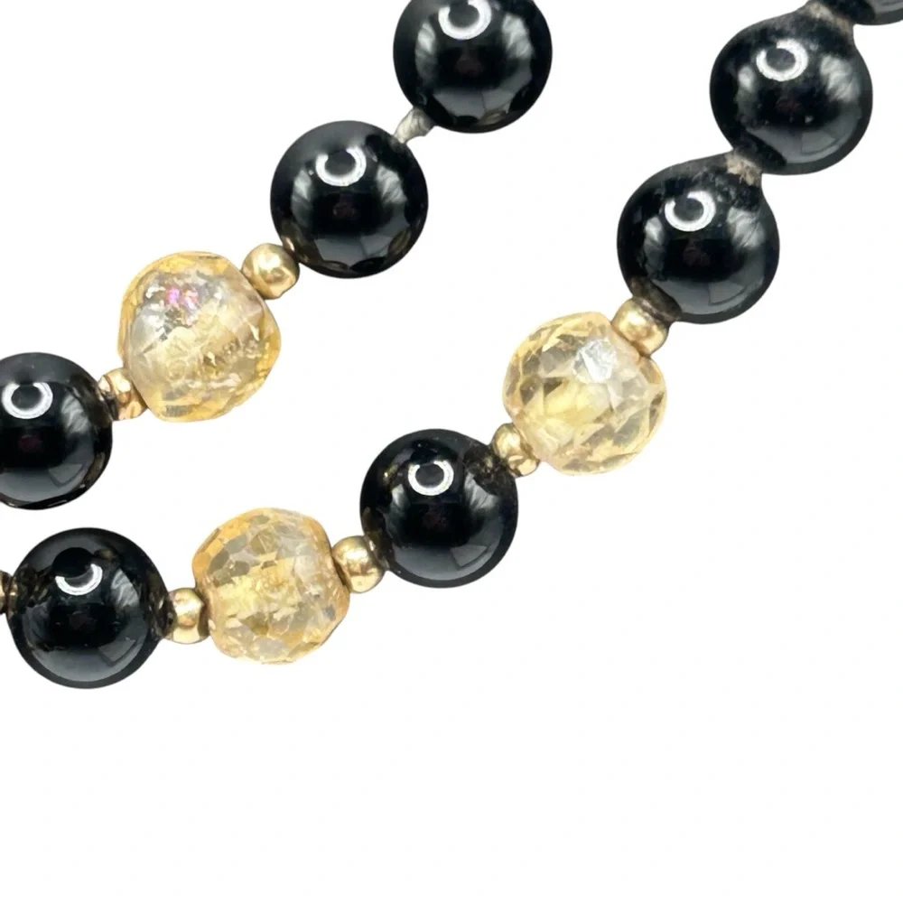 Vintage Black Onyx Citrine Garnet and 14K Gold Bead Long Necklace